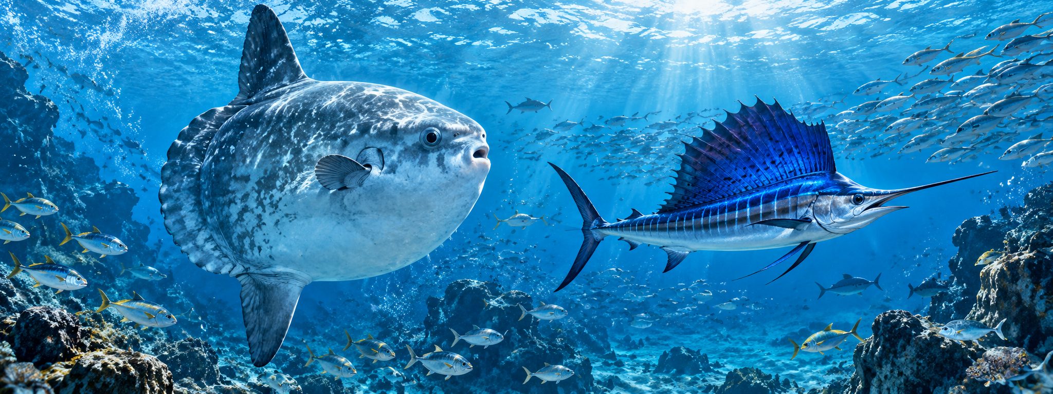 Ocean sunfish and sailfish swimming over a reef
